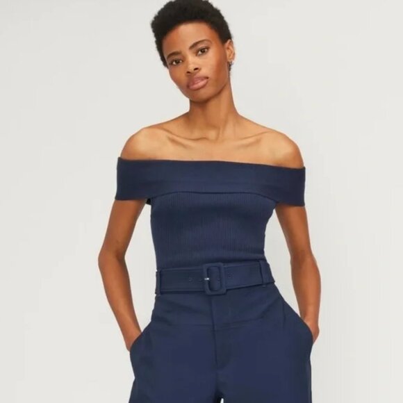 .. Everlane The Ribbed Cotton Off the Shoulder Top, Navy (M) - Picture 9 of 10